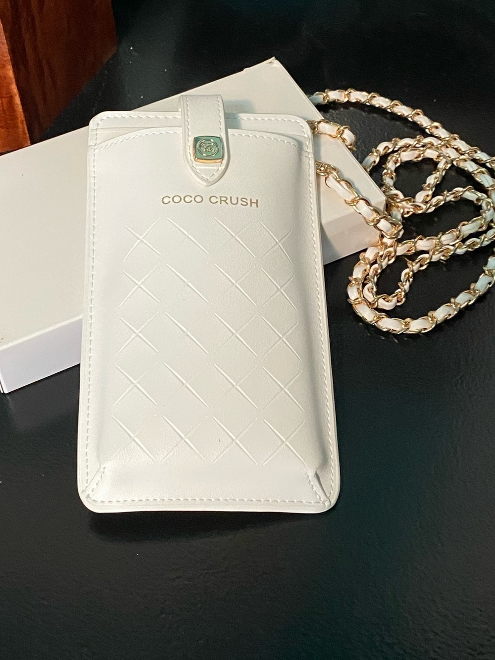 Coco Crush White Quilted Phone Crossbody with Gold Chain strap new in box GwP